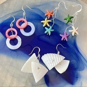 BUNDLE DEAL Handmade Set of 3 Pairs Earrings 1.5-2.25” Colorful Coastal Beach